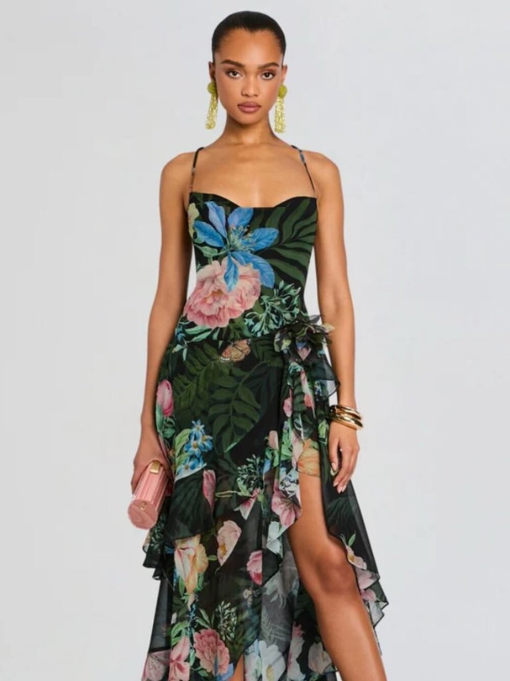 Retrofête Samara Silk Chiffon Dress in Noir Fleur Tropicale